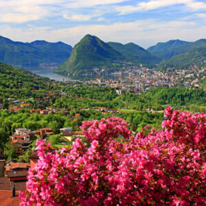 View From The Village Of Sonvico Towards The Lake And The City Of Lugano, Lake Of Lugano, Canton Of Ticino, Switzerland